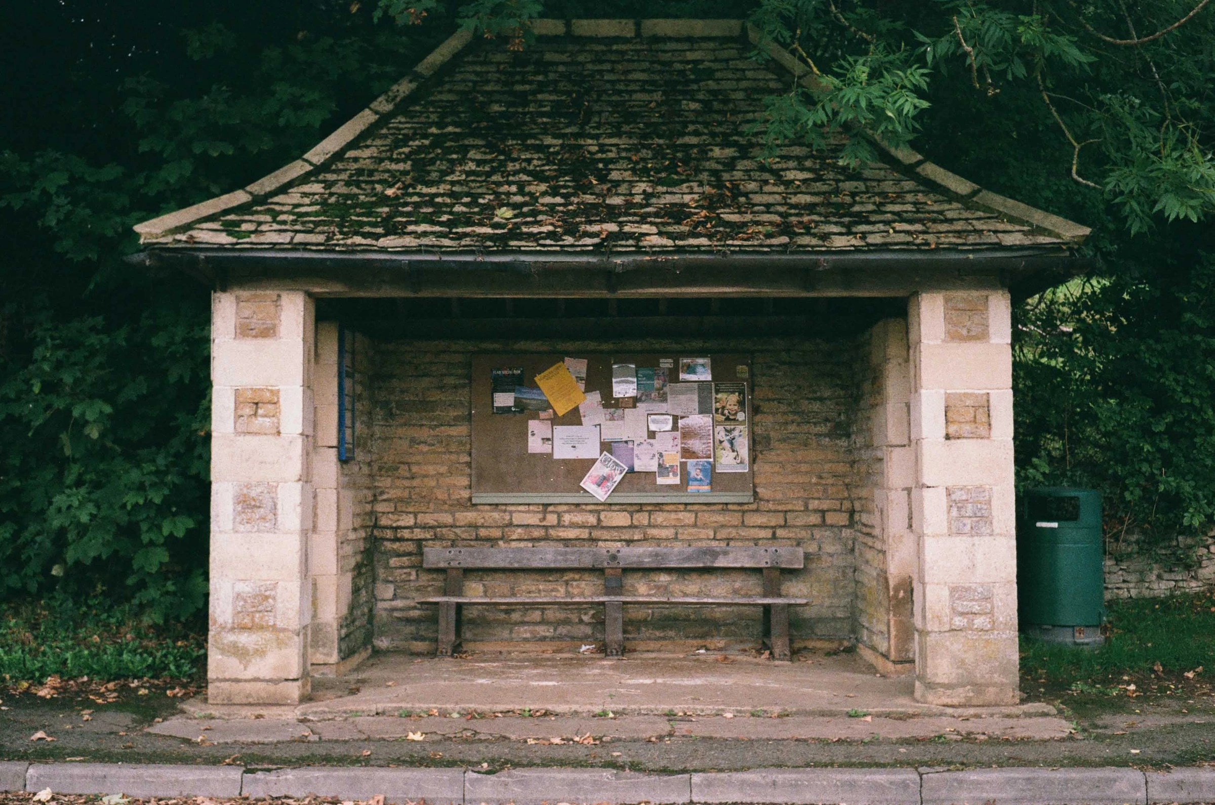 Architecture photograph of a bus stop in the Cotswolds, England.
